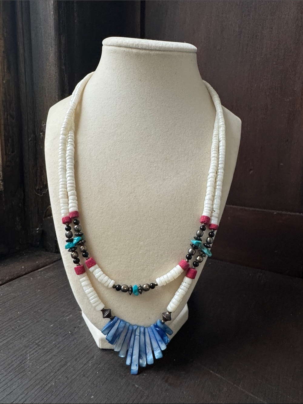 Vintage Southwestern Festive Style Double Strand Shell & Turquoise Chip Necklace